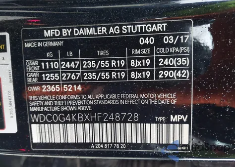 2017 Mercedes-Benz Glc 300 4Matic from USA, damaged, VIN WDC0G4KBXHF248728